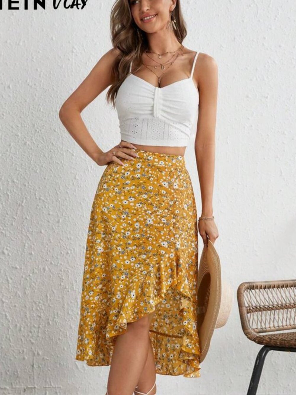 SHEIN VCAY Ditsy Floral Print Ruffle Hem Skirt Large